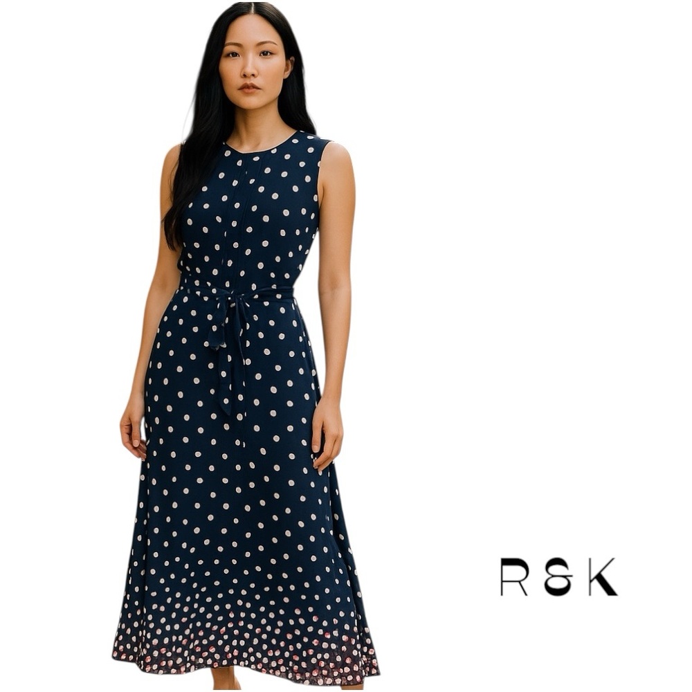 R&K Navy Maxi Dress with White and Pink Polka Dots